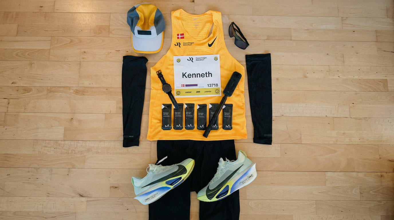 Race-day flat lay with yellow singlet, cap, gels, shoes, sunglasses and bib laid out before a marathon
