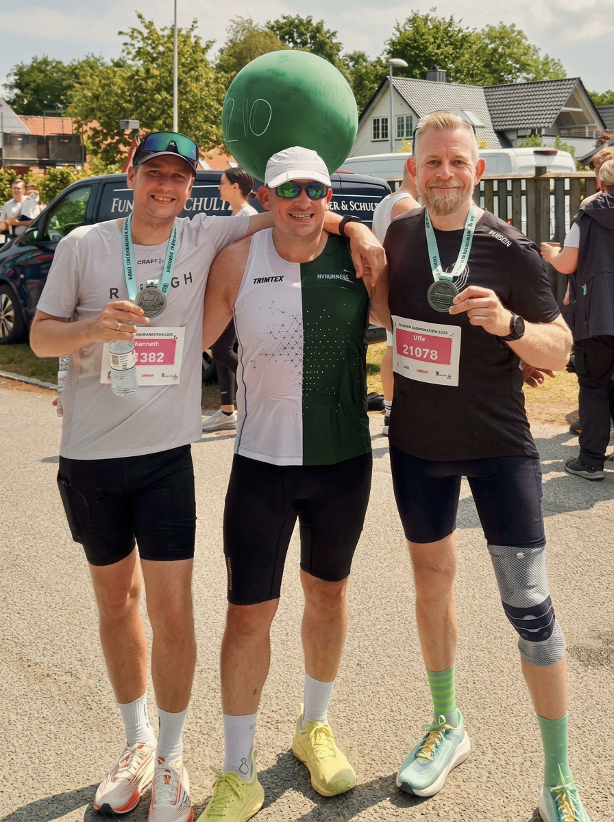 Three runners smiling with medals after a race in Hillerød