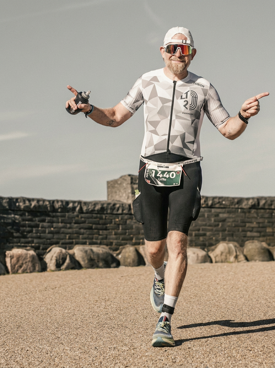 Solo runner mid-race on a sunny course