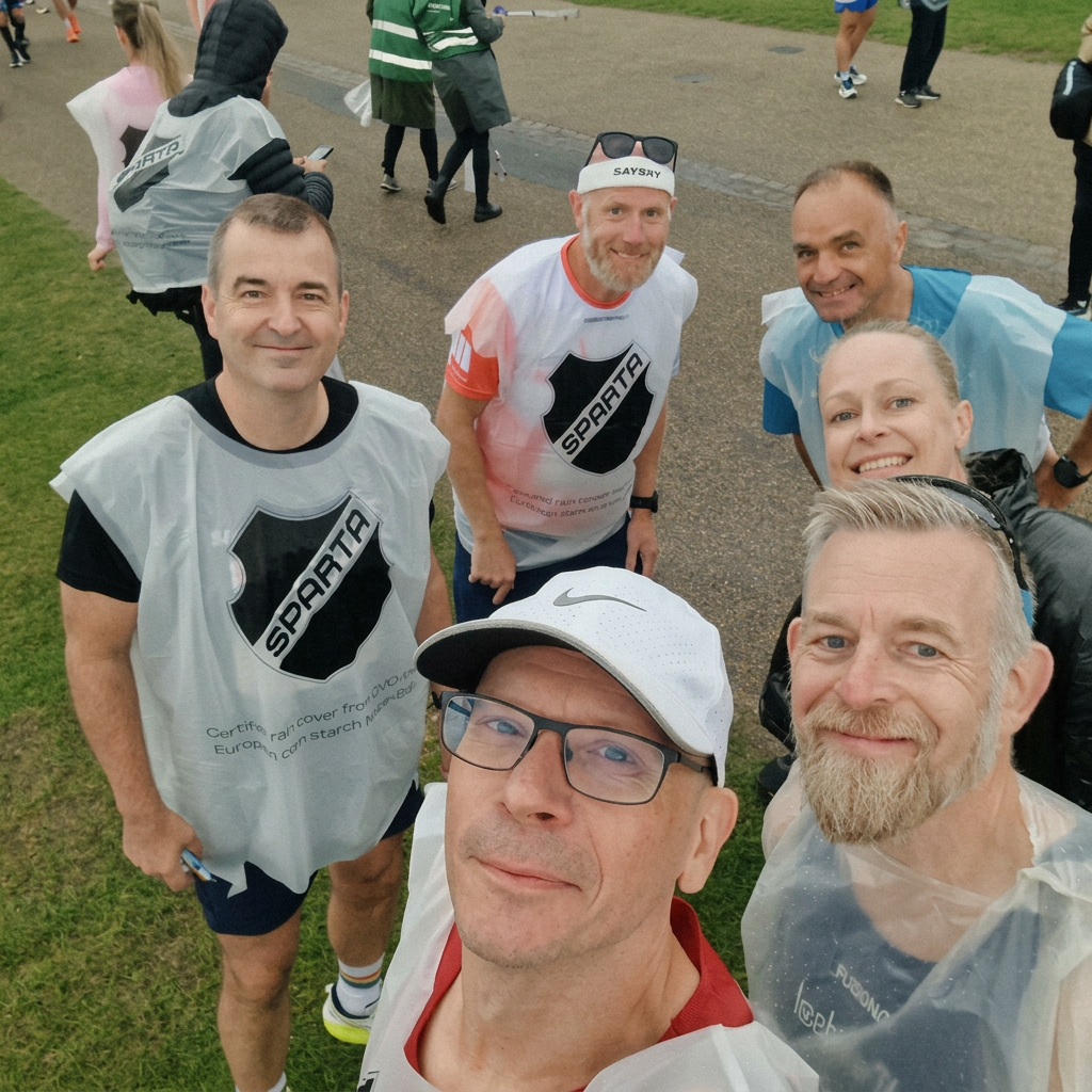 Pre-race group selfie in rain ponchos